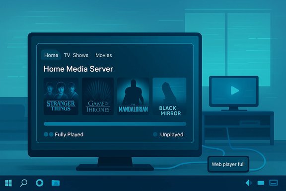 Blue-toned home media server UI on a monitor displaying thumbnails for popular shows.