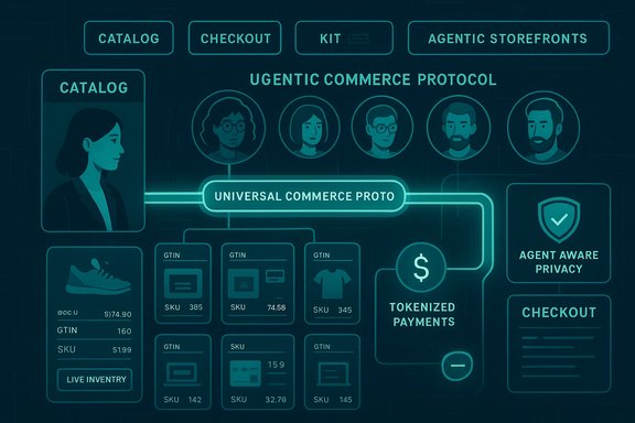 Neon blueprint of a universal commerce protocol with catalog, checkout, and tokenized payments.