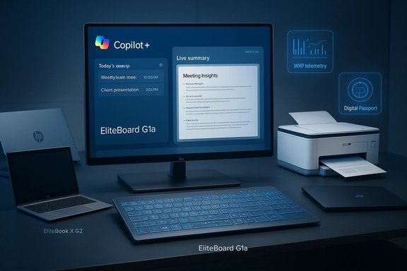 A sleek HP workstation with an EliteBoard monitor displaying Copilot+ and a laptop plus printer.