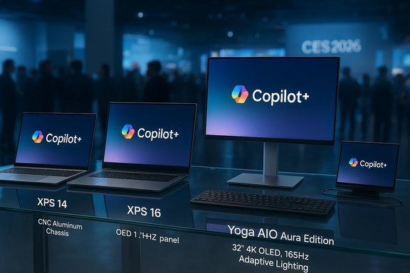 Copilot+ devices showcased at CES 2026, including XPS laptops and a large monitor. Copilot+ devices showcased at CES 2026, including XPS laptops and a large monitor.