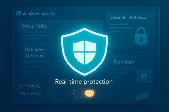 Windows Security interface with a glowing shield and a real-time protection toggle.