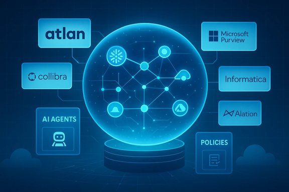 Glowing blue network globe connects data governance platforms like Atlan, Collibra, Microsoft Purview, and Informatica.