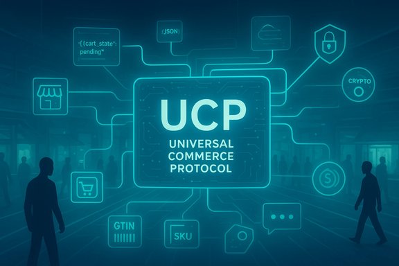 Futuristic digital network centered on UCP: Universal Commerce Protocol, with floating icons.