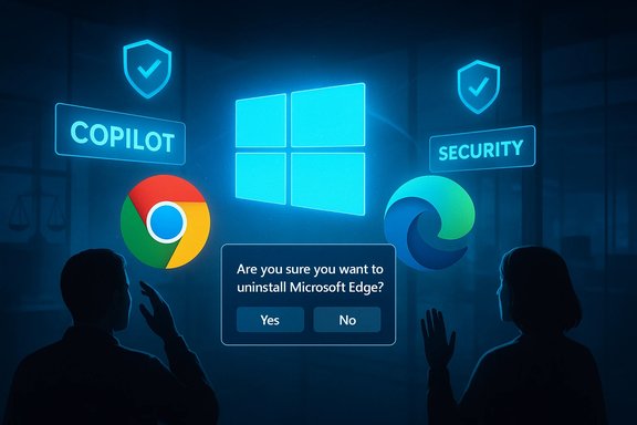 Two silhouettes watch a holographic display showing Windows, Chrome and Edge with a prompt to uninstall Microsoft Edge.