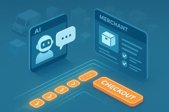 Isometric AI chat and merchant checkout interface with a glowing orange CHECKOUT button.