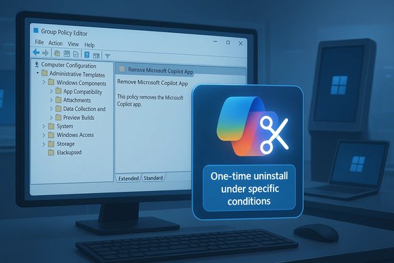 Windows Group Policy Editor open on a monitor, with a badge about a one-time uninstall under specific conditions.