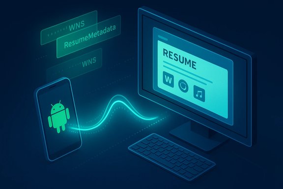 Android phone wirelessly streams resume data to a PC monitor via a glowing data wave.