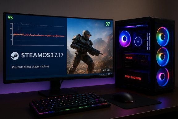 RGB-lit gaming PC setup with a wide monitor showing SteamOS 3.7.17 and a sci-fi game, keyboard and mouse.