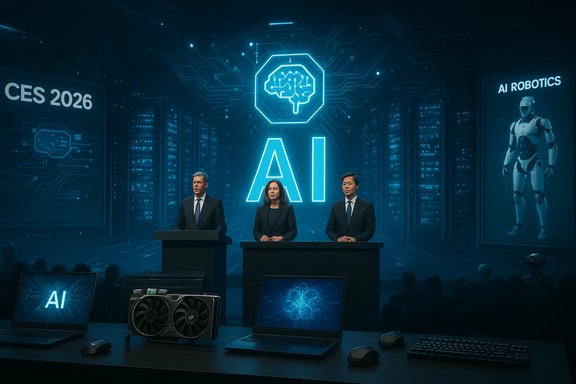 Three presenters at CES 2026 showcase AI and robotics on a neon-blue stage.
