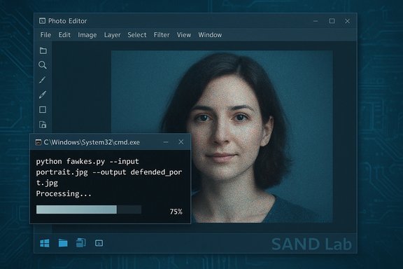 Windows-style photo editor with a CMD window running Fawkes to defend a portrait.