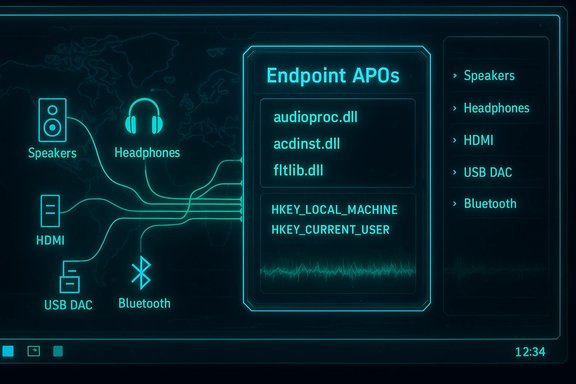 Futuristic diagram mapping audio endpoints and processing DLLs.