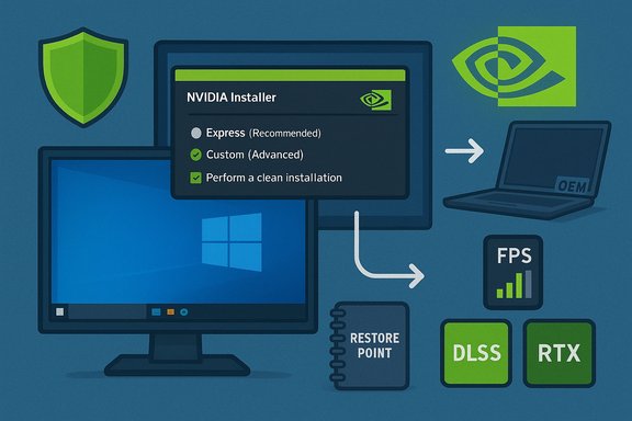 NVIDIA Installer dialog shown beside a Windows PC, with DLSS/RTX icons and a restore point.
