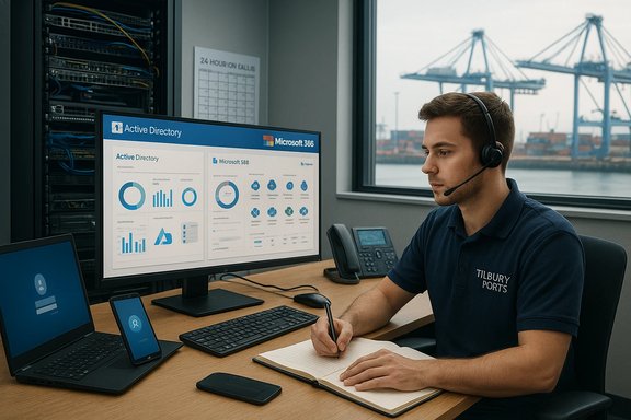 IT technician at Tilbury Ports monitors Active Directory dashboards on a workstation.