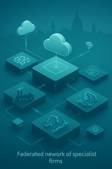 Teal illustration of a federated cloud network linking specialist firms.