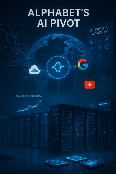 Alphabet's AI pivot shown by a glowing globe and digital icons over a blue data center.