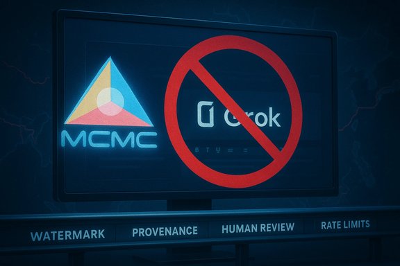 A dark screen shows the MCMC logo with a red no-symbol over another tech logo.