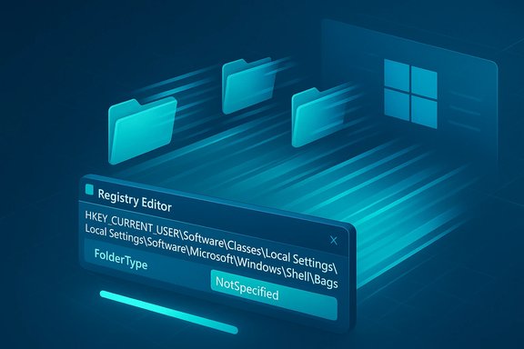 Blue isometric illustration of a Registry Editor UI with folders and Windows logo.