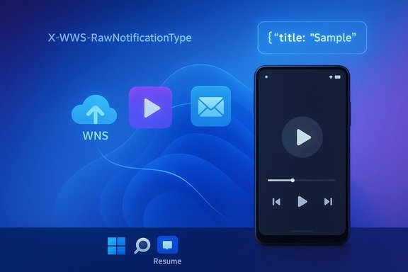 Blue gradient UI showing WNS icons and a smartphone with media controls