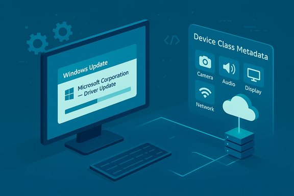 Isometric illustration of Windows Update driver update beside device class metadata icons.