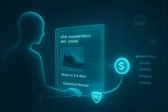 A futuristic e-commerce dashboard shows a shoe product with shipping details and PCI security.