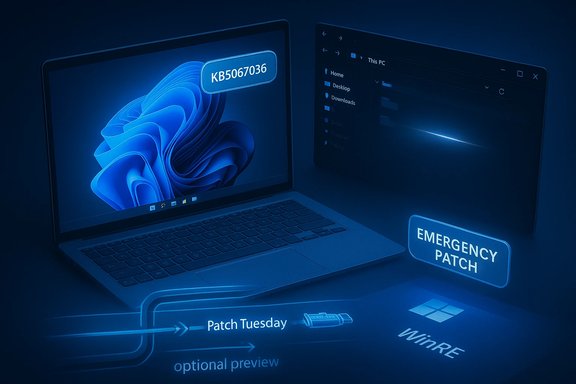 Blue-tinted illustration of a laptop with a 'KB5067036' emergency patch and Patch Tuesday elements.
