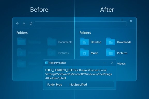 A split-screen showing “Before” and “After” Windows Explorer UI with a Registry Editor window.