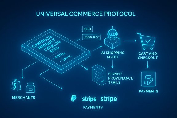 Universal Commerce Protocol diagram linking canonical product catalog feed to AI shopping agent, cart, and payments.