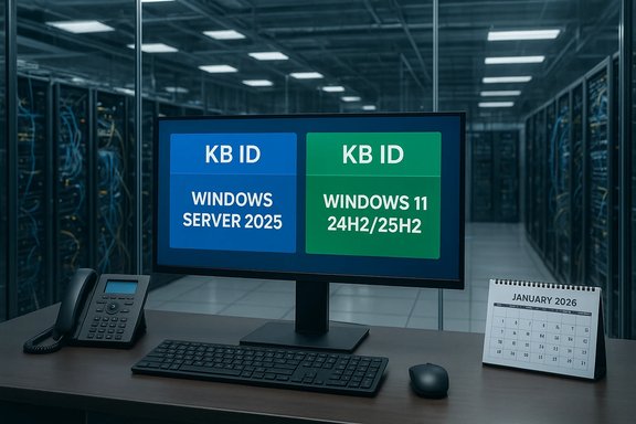 A data-center desk monitor shows KB ID: Windows Server 2025 and Windows 11 24H2/25H2.
