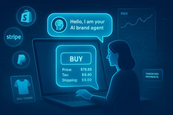 A shopper uses an AI brand agent to buy online on a neon-blue interface.