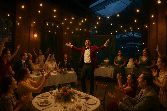 A man in a red blazer dances on a table as guests cheer at a warmly lit wedding reception.