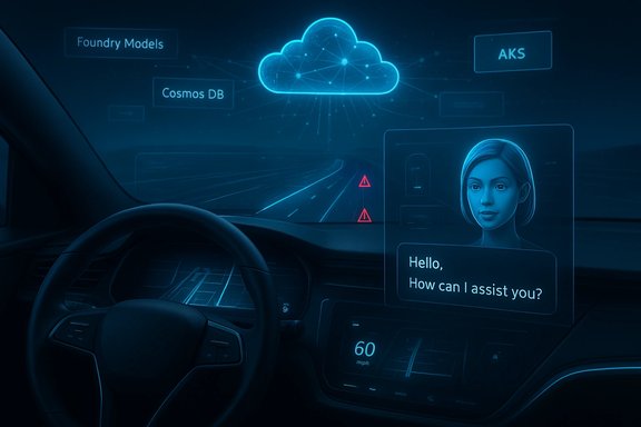 Futuristic car cockpit featuring a holographic AI assistant and cloud-service icons. Futuristic car cockpit featuring a holographic AI assistant and cloud-service icons.