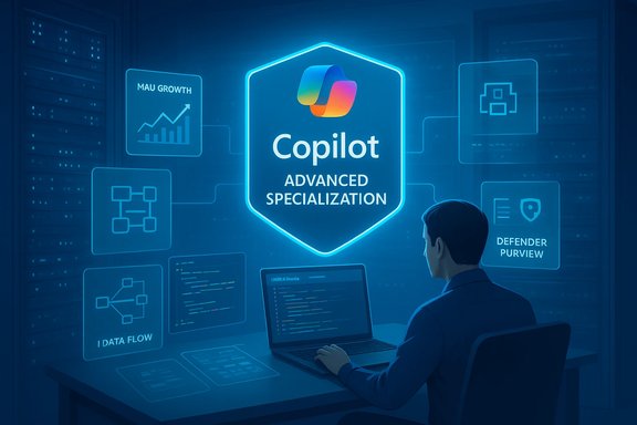 A person at a desk reviews Copilot Advanced Specialization on holographic displays.