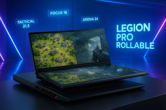Legion Pro Rollable gaming laptop with two screens in a blue neon showroom.