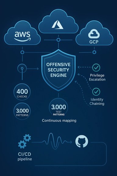 Infographic of an Offensive Security Engine linking AWS, Azure, and GCP with checks, patterns, and CI/CD.