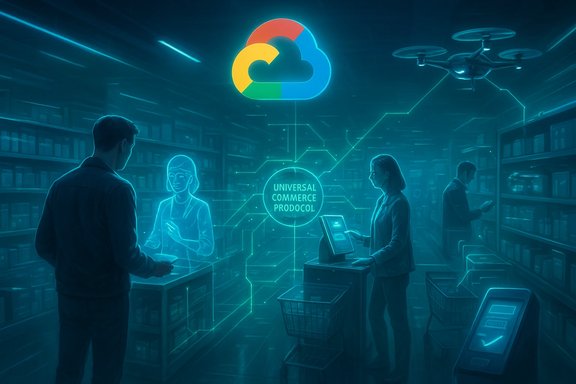 A futuristic store with holographic assistants, shoppers with carts, and a glowing cloud logo overhead.