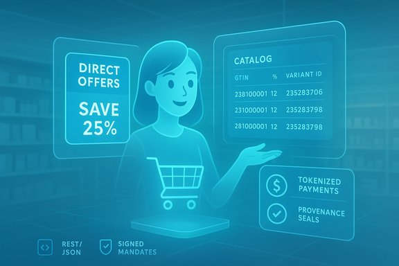 Holographic displays show direct offers, catalog data, and tokenized payments for a shopper.