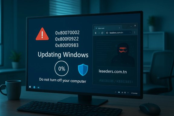 A computer monitor shows a fake Windows update screen and a phishing page with a masked hacker.