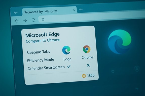 Microsoft Edge vs Chrome feature comparison card, highlighting Sleeping Tabs and Defender SmartScreen.