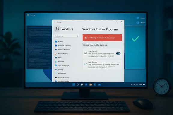 A computer monitor displays Windows Settings and the Windows Insider Program screen. A computer monitor displays Windows Settings and the Windows Insider Program screen.