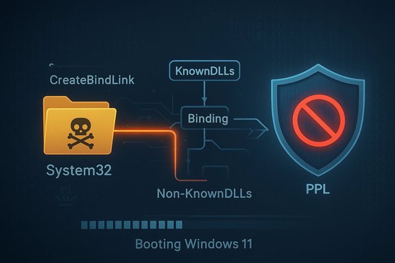Windows 11 boot schematic: KnownDLLs binding blocks non-known DLLs to protect PPL.