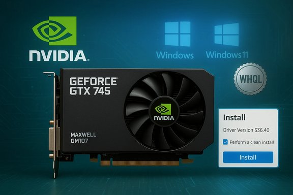 NVIDIA GeForce GTX 745 graphics card with Windows install prompt.