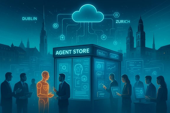 Futuristic Agent Store scene with professionals discussing beside a glowing humanoid robot amid holographic displays.