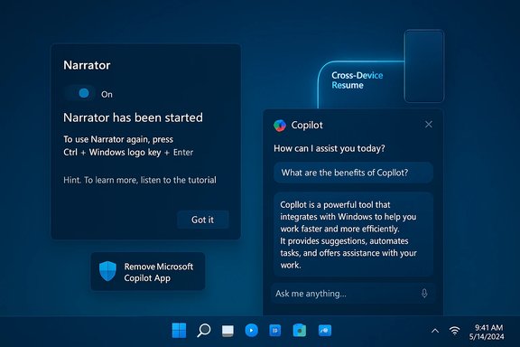 Windows UI showing Narrator startup and Copilot chat in a blue, futuristic interface. Windows UI showing Narrator startup and Copilot chat in a blue, futuristic interface.