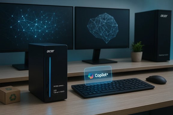 Acer desktop with dual monitors, blue-lit tower, keyboard and mouse, plus a Copilot+ hologram.