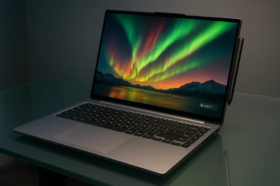 Sleek laptop on a glass desk displays a vivid aurora borealis wallpaper.
