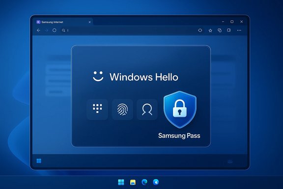 Windows Hello login screen with a Samsung Pass shield on a blue Windows desktop.