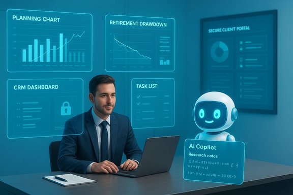 A professional works on a laptop beside an AI Copilot, surrounded by holographic dashboards.