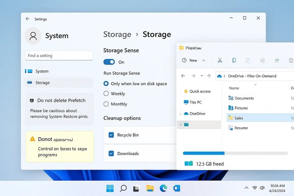 Windows 11-style Settings window focused on Storage, with a File Explorer pane showing OneDrive.