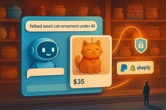 An illustrated storefront shows a felted wool cat ornament under $40, priced at $35, near a blue chatbot.