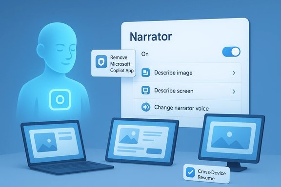 Blue illustration of the Narrator panel for Microsoft Copilot across devices. Blue illustration of the Narrator panel for Microsoft Copilot across devices.